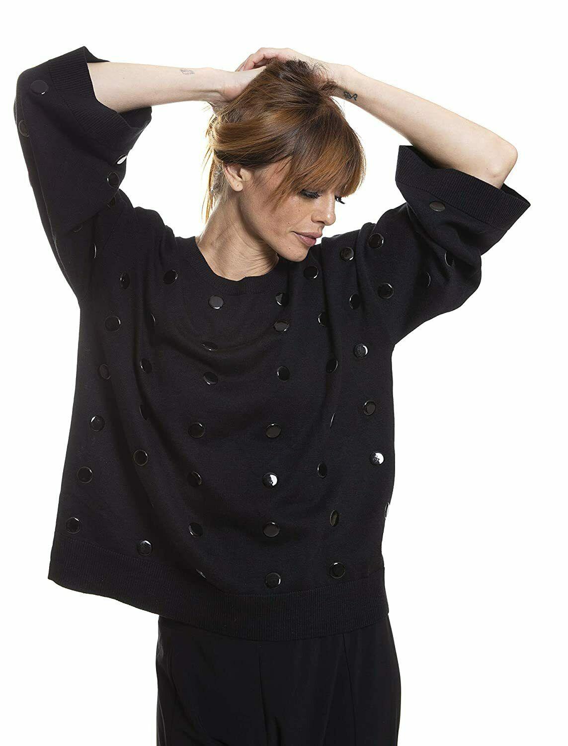 Vecceli Italy Womens Black Top Pullover With Polka Dot and Wide Sleeve Size M - SVNYFancy
