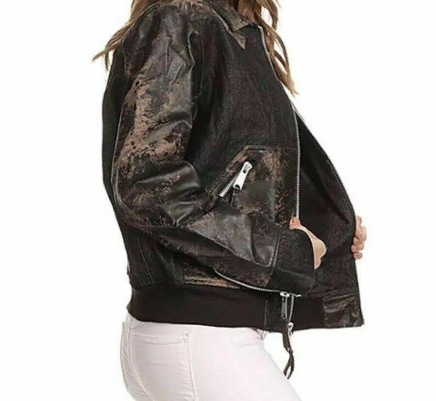 H&D Classic Leather Collection Brown Acid Wash Denim & Leather Jacket Size L - SVNYFancy