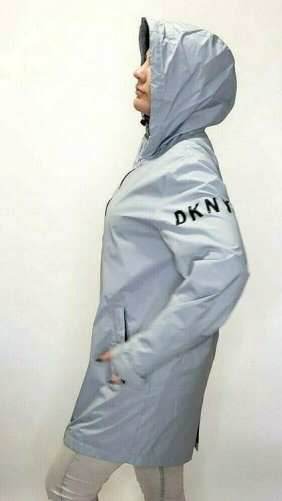 DKNY Womens Gray Raincoat Jacket Hooded Logo Windbreaker Size M - SVNYFancy