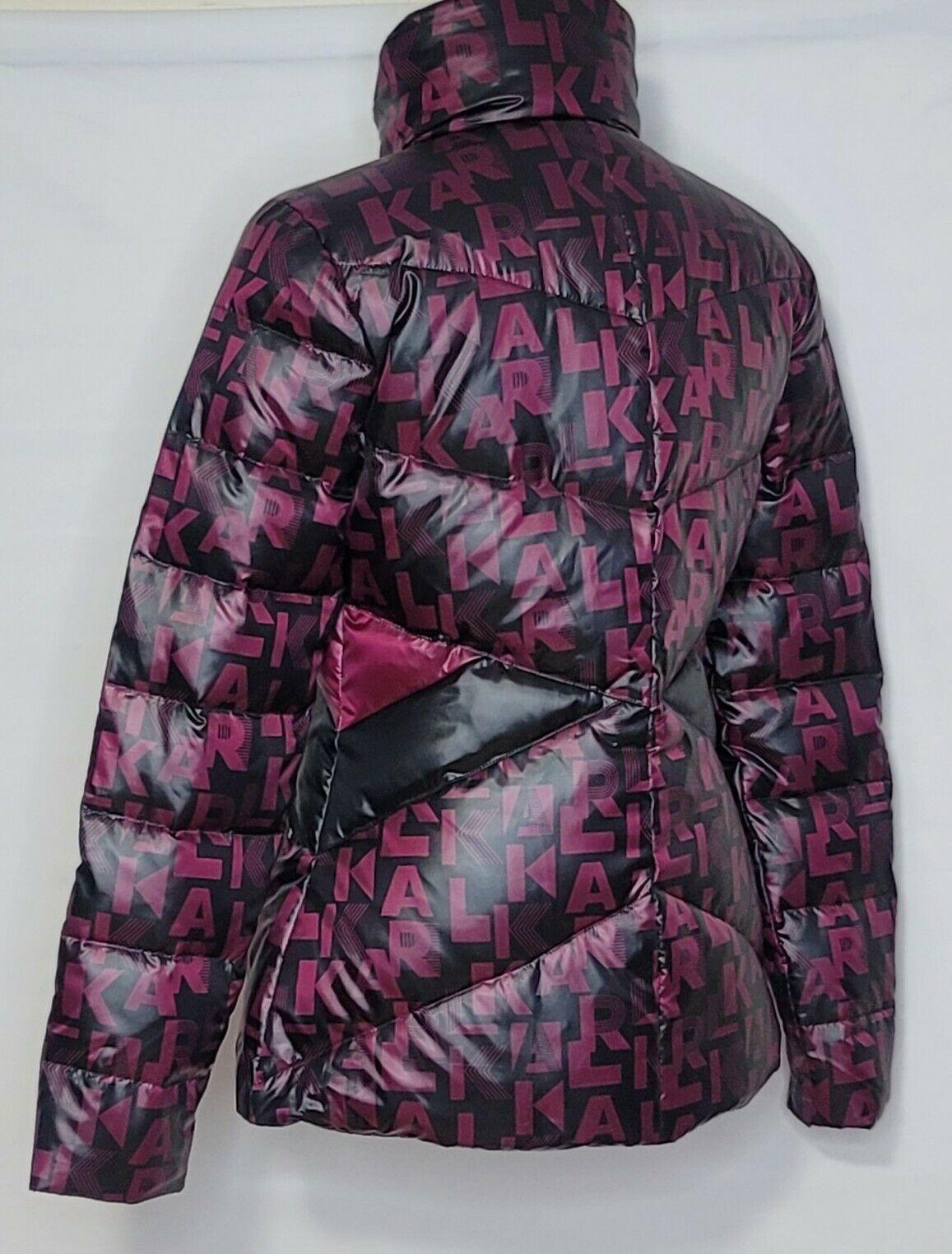 Karl Lagerfeld Women's Purple Print Logo Hooded Puffer Jacket Size S - SVNYFancy