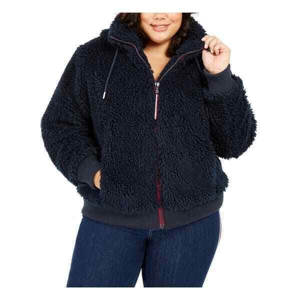 Tommy Hilfiger Women's Navy Fuzzy Zip Up Logo Hoodie Jacket Plus Size 0X - SVNYFancy
