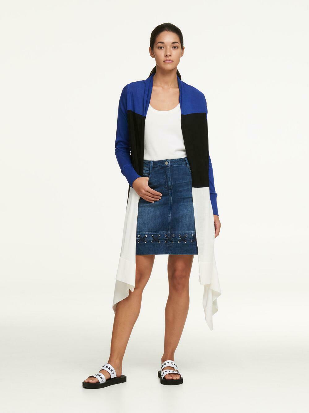 DKNY Women's Colorblocked Draped Open Front Cardigan Sweater Blue Black White XS - SVNYFancy