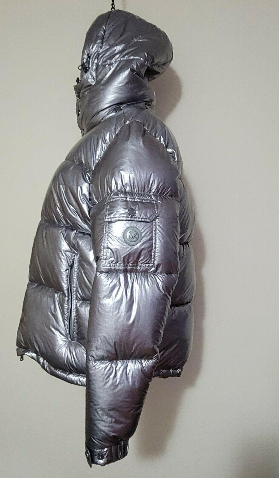 Michael Kors Silver Metallic Winter Warm Puffer Jacket Hooded Size M - SVNYFancy