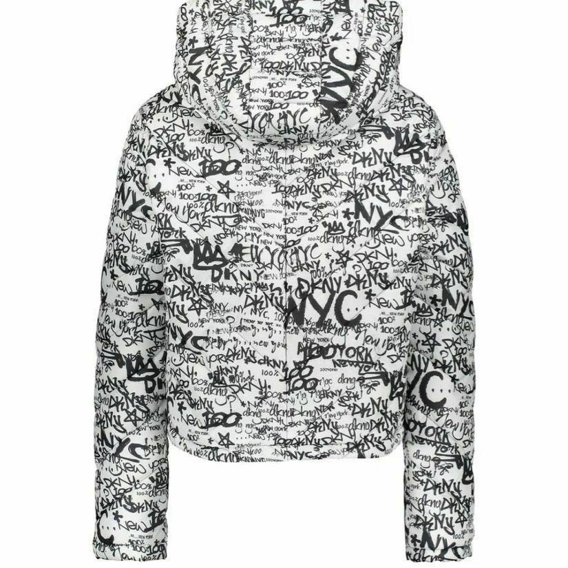 DKNY Graffiti Logo Print Quilted Oversized Puffer Jacket White Black Womens S - SVNYFancy