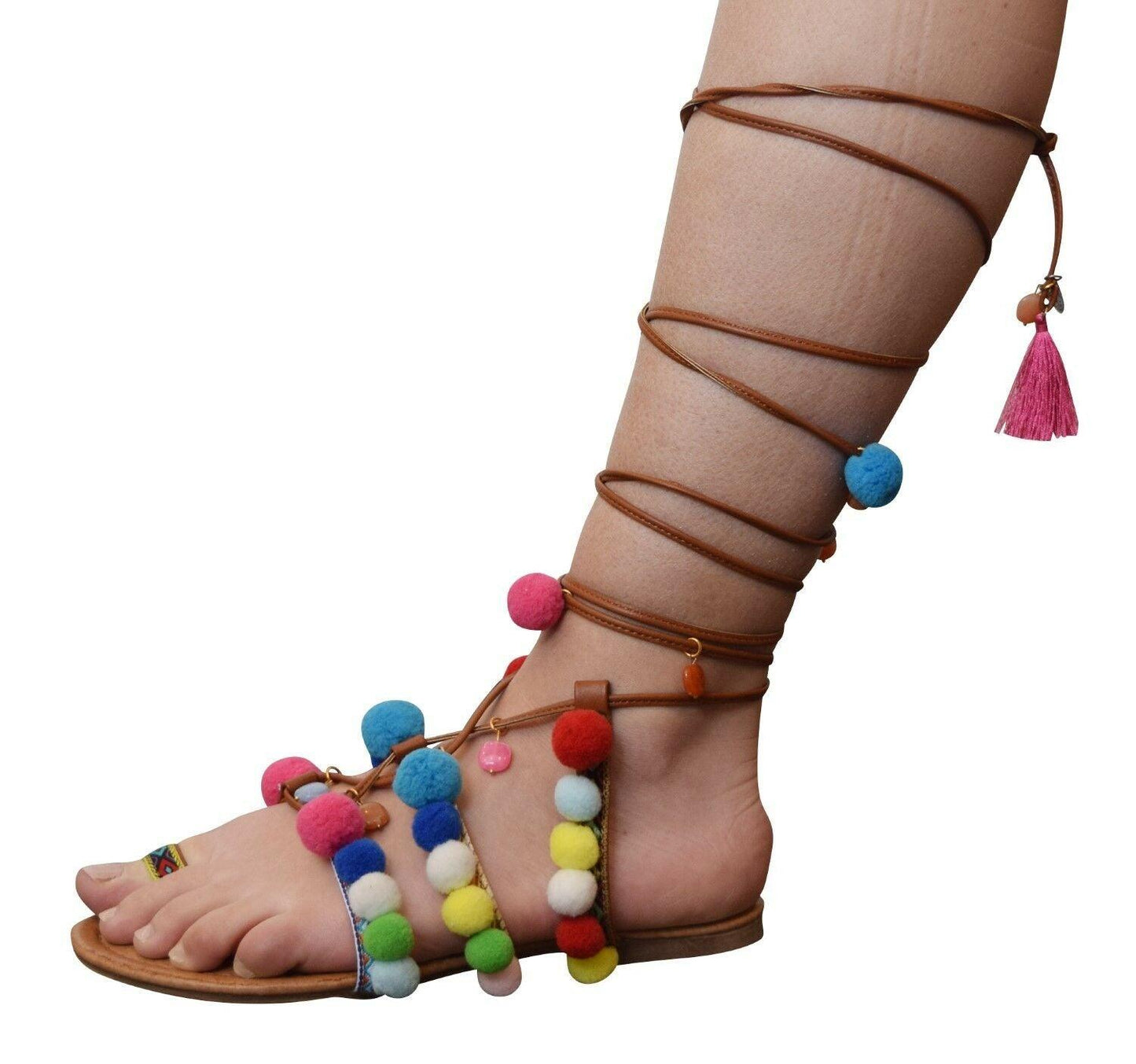 Modern Rush Womens Lace-Up Wrap Around Pom Pom Toe Ring Fashion Flat Sandals 7.5 - SVNYFancy