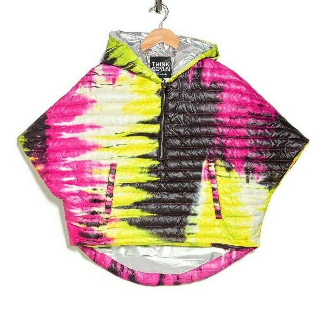THINK ROYLN Women's Neon Pink Yellow Tie-Dye Puffer Poncho Ski Jacket Size XS/S - SVNYFancy