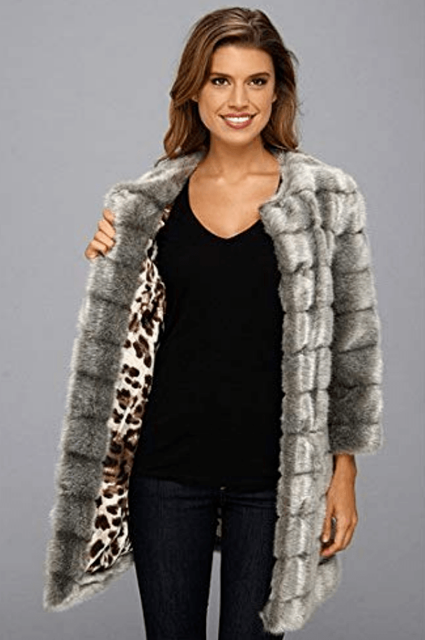 SAM EDELMAN Grey Faux Fur Coat 3/4-sleeve Size L - SVNYFancy