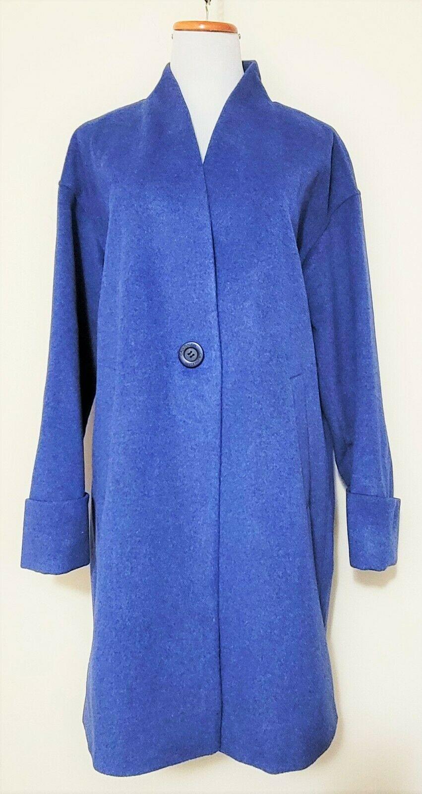 Calvin Klein Oversize Wool Blend Collarless Cuff Sleeves One Button Blue Coat  S - SVNYFancy