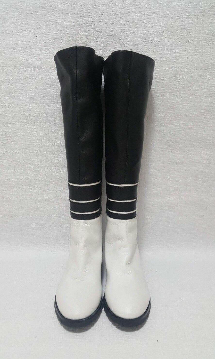 RARE UNIQUE KARL LAGERFELD Black White Lambskin Leather Beaded-Heel Boots SAMPLE Size 6 - SVNYFancy