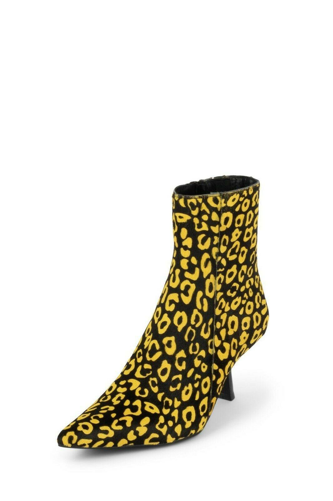 JEFFREY CAMPBELL EGNY Yellow Black Cheetah Leather Kitten Heel Bootie 8 - SVNYFancy