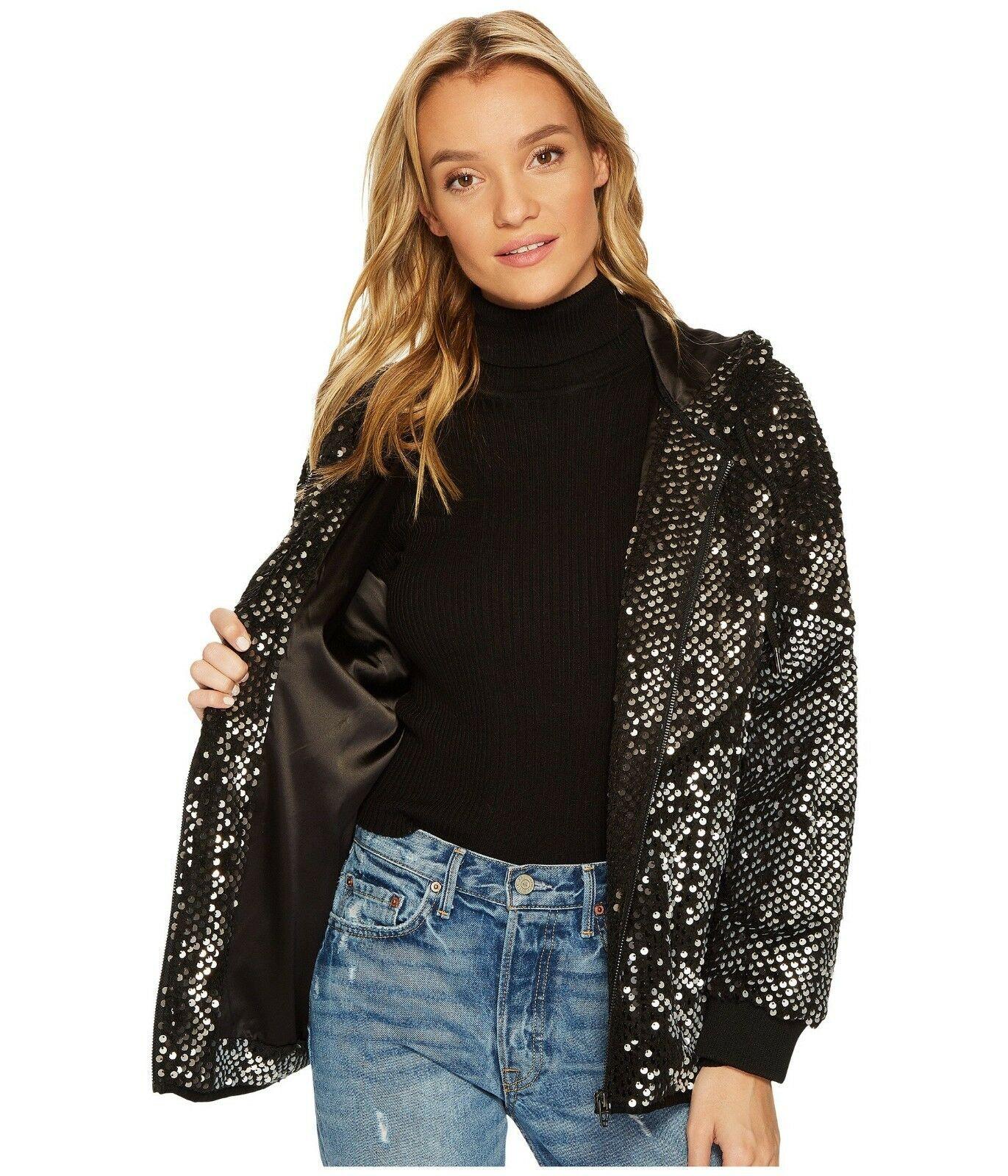 BLANKNYC Womens Silver Studded Sequined Bomber Jacket in Black Light Size L - SVNYFancy