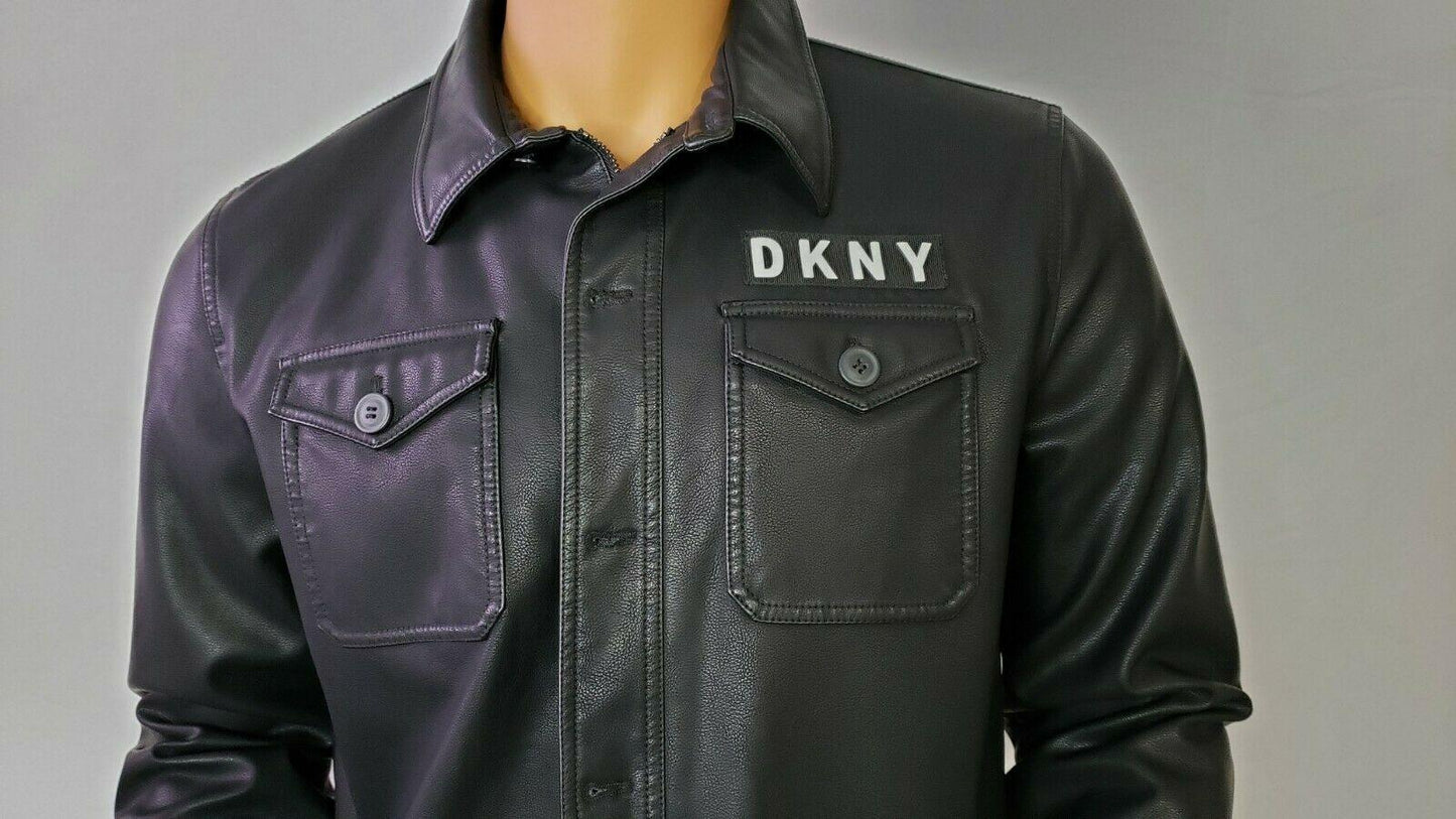 DKNY Mens Faux Leather Shirt Jacket Warm Quilted Lined Black With Logo Size M - SVNYFancy