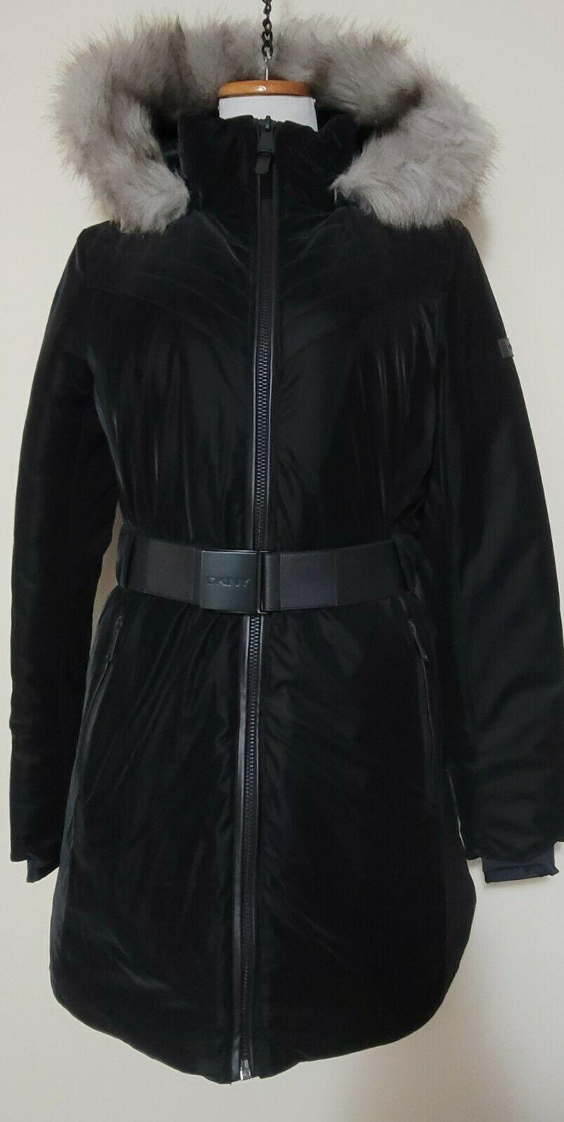 DKNY Women's Liquid Velvet  Hooded  Belted Puffer Black Coat  S - SVNYFancy