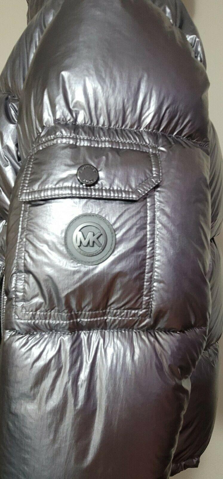 Michael Kors Silver Metallic Winter Warm Puffer Jacket Hooded Size M - SVNYFancy