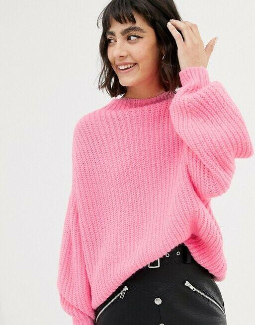 Mango Womens Oversize Long Sleeve High Neck Knitted Sweater Neon Pink Size US S - SVNYFancy