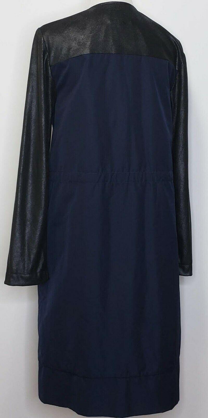 DKNY Women’s Black Faux Leather Sleeves Navy Walker Fashion Long Oversize Coat S - SVNYFancy