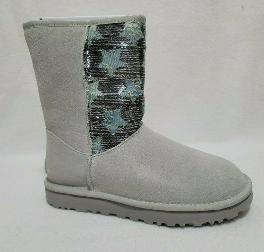 UGG Classic Short Sequin Stars Grey Suede Fur Womens Boots Size US 7 EU 38 - SVNYFancy