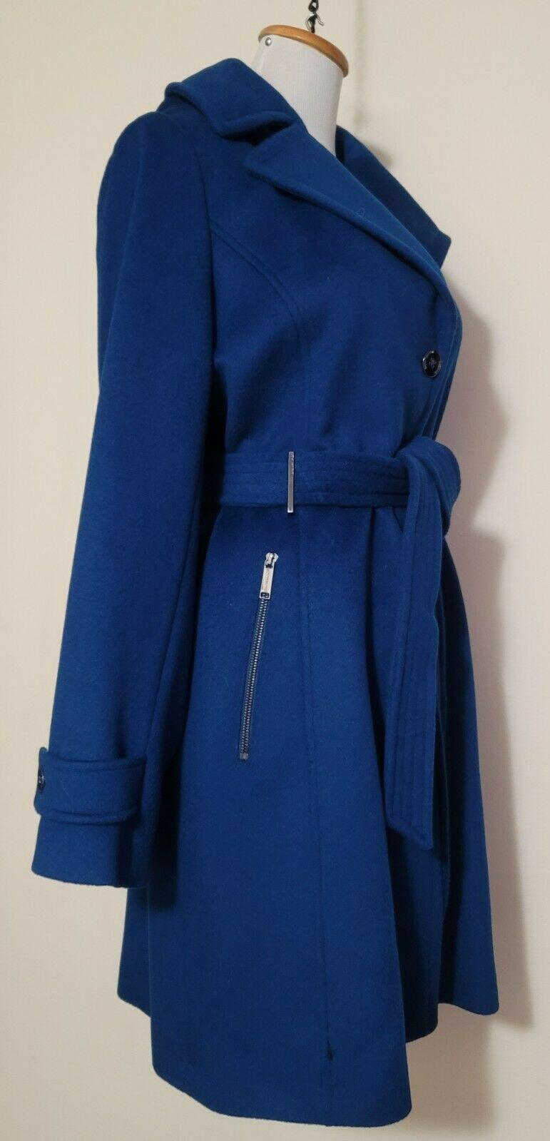 MICHAEL KORS Hooded Wool Blend Belted Blue Coat Size S - SVNYFancy