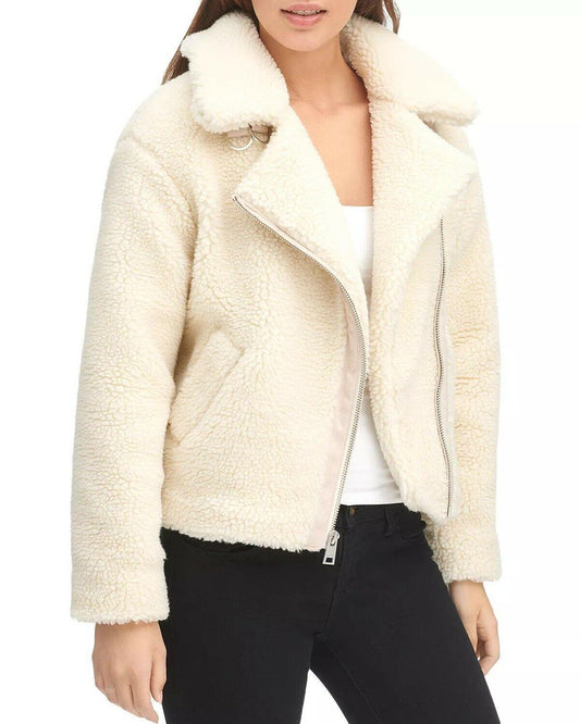 Levi's Women's White Sherpa Oversize Moto Jacket Size  2XL - SVNYFancy