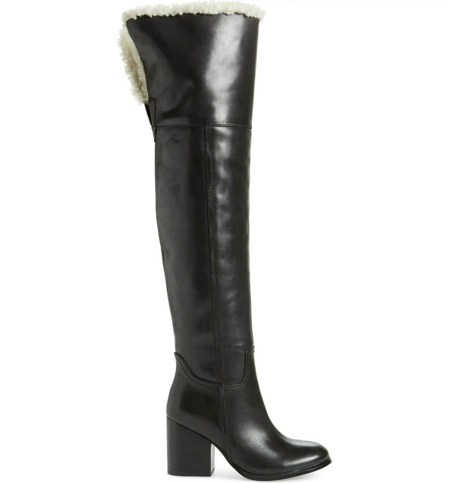 NEW JEFFREY CAMPBELL Woodvurn Black Leather Ivory Fur Over the Knee Boot 8.5 - SVNYFancy