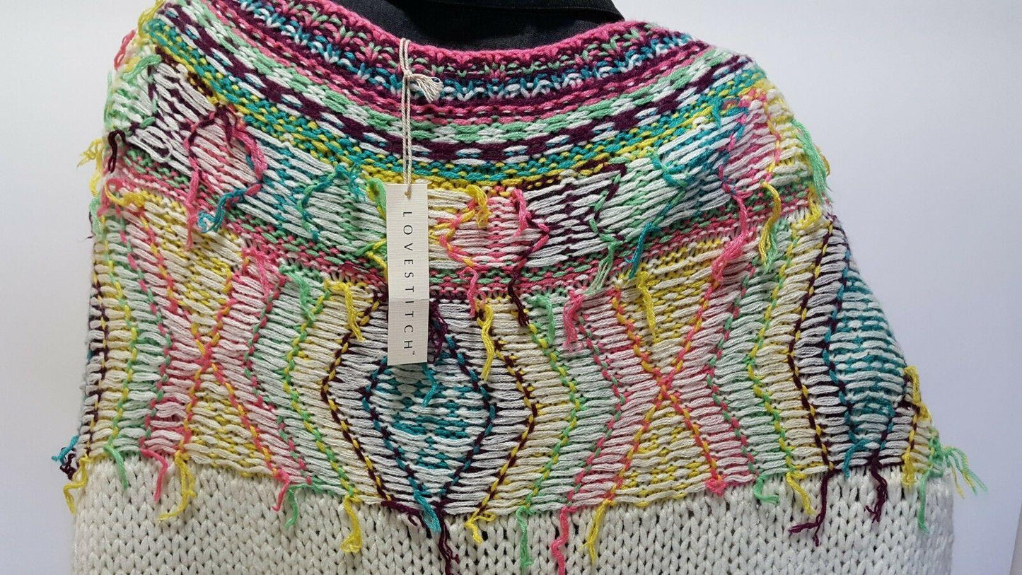 LOVE STITCH Oversize Knit Poncho With Fringe, Hand Slits Cape One Size Fits All - SVNYFancy