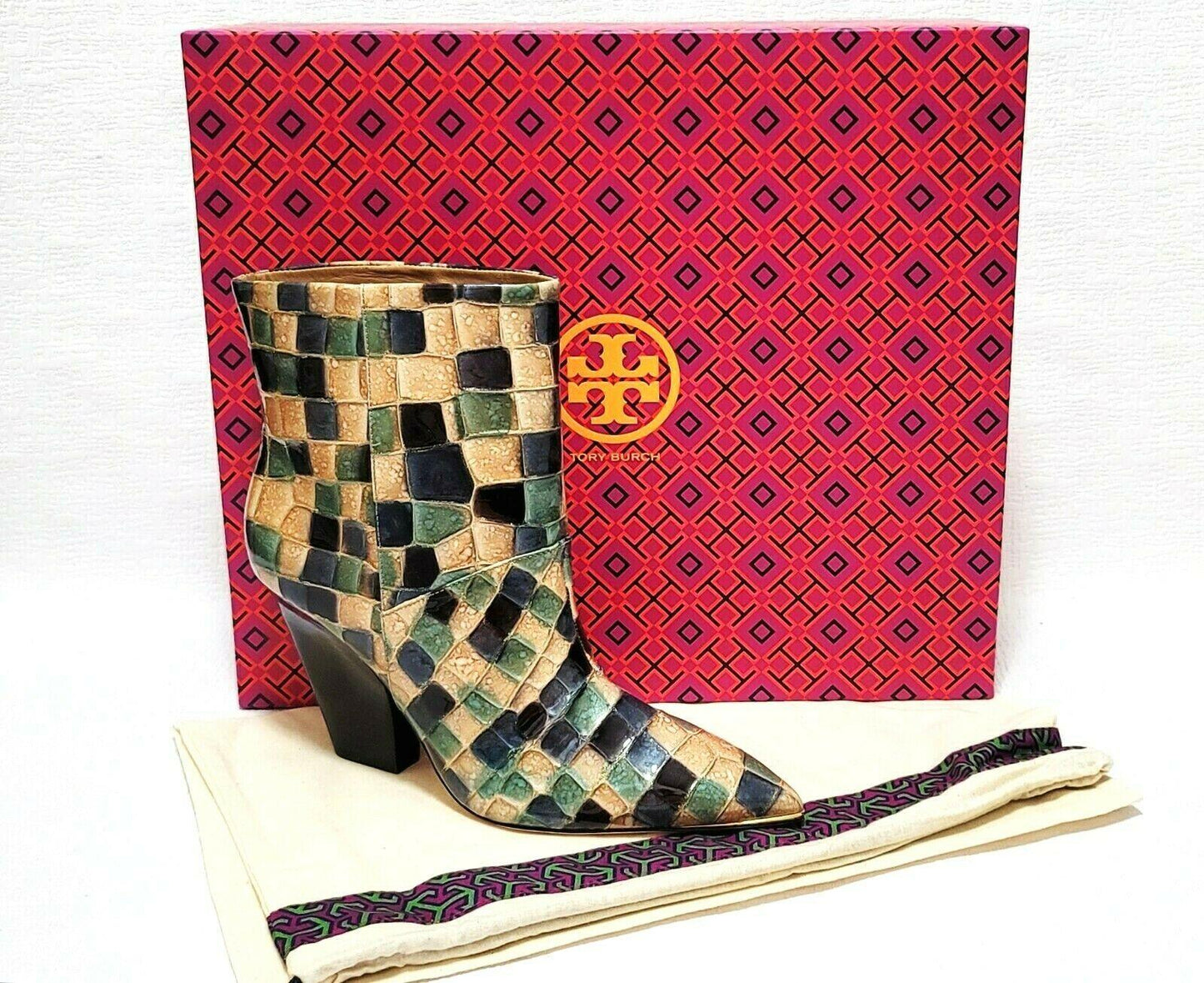 TORY BURCH Lila Ankle Bootie Stained Patchwork Blue Glass Leather Size 8 - SVNYFancy
