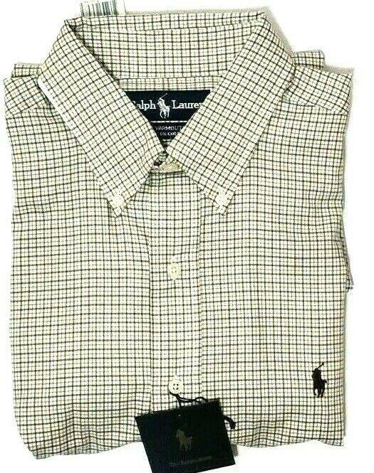 Ralph Lauren Mens Dress Shirt Yarmouth White Green Brown Plaid Size 16 34/35 - SVNYFancy
