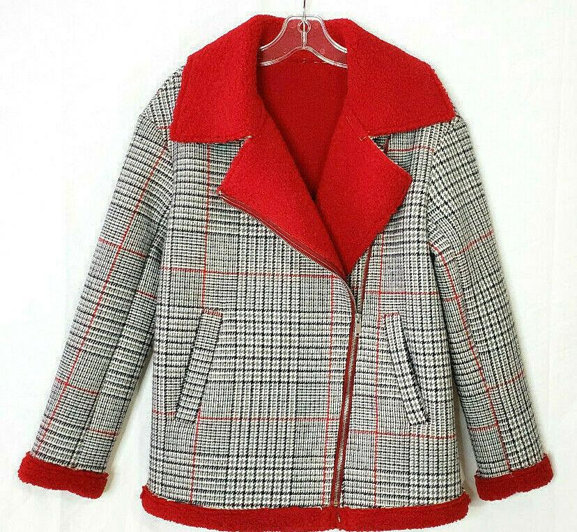 Womens Biker Moto Jacket Plaid Red Sherpa Lined Size S - SVNYFancy