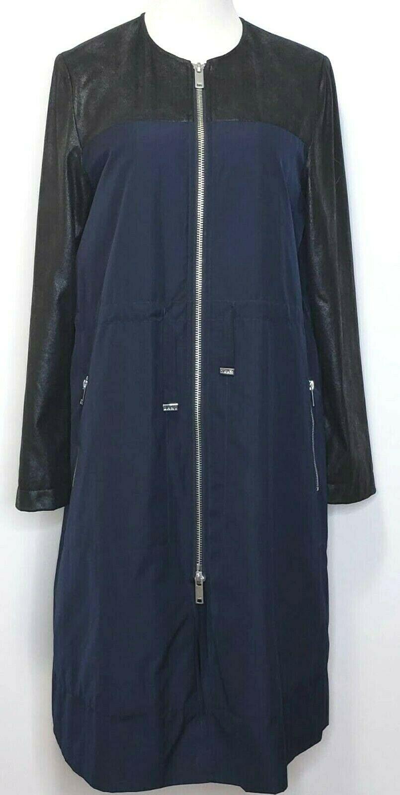 DKNY Women’s Black Faux Leather Sleeves Navy Walker Fashion Long Oversize Coat S - SVNYFancy