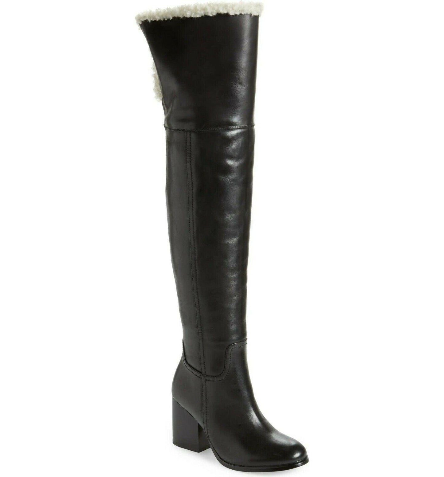 NEW JEFFREY CAMPBELL Woodvurn Black Leather Ivory Fur Over the Knee Boot 8.5 - SVNYFancy