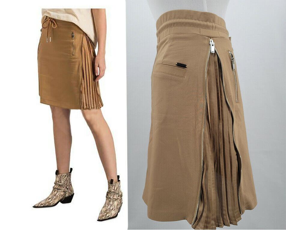 Elias Rumelis JOY Women Camel Casual Skirt With Zipper and Pleated Side XS - SVNYFancy