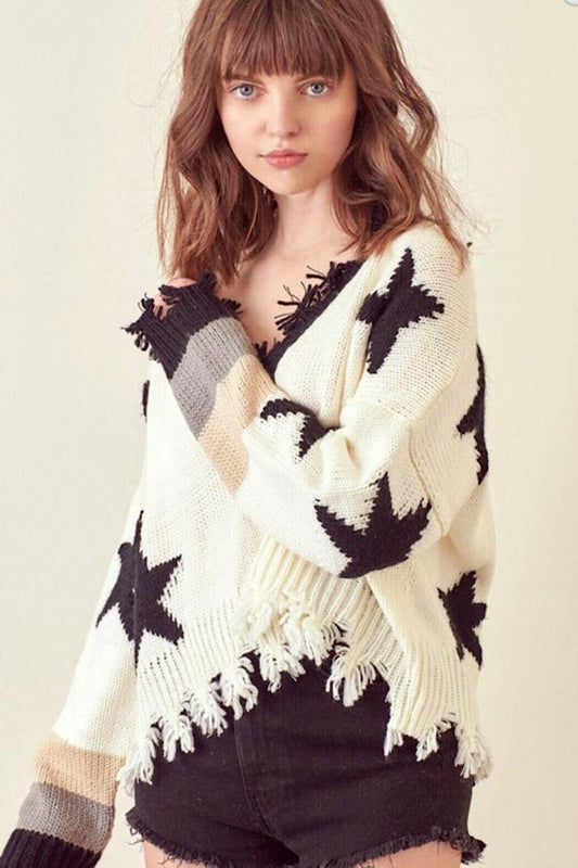 STORIA  BLACK STAR SWEATER V-Neck Knitted Pullover White Black Size L - SVNYFancy