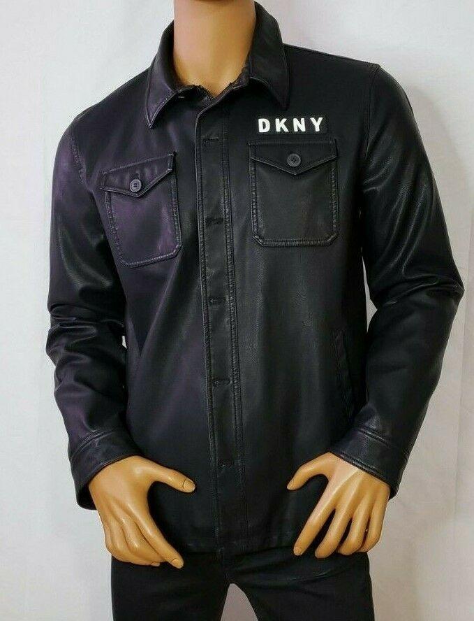 DKNY Mens Faux Leather Shirt Jacket Warm Quilted Lined Black With Logo Size M - SVNYFancy