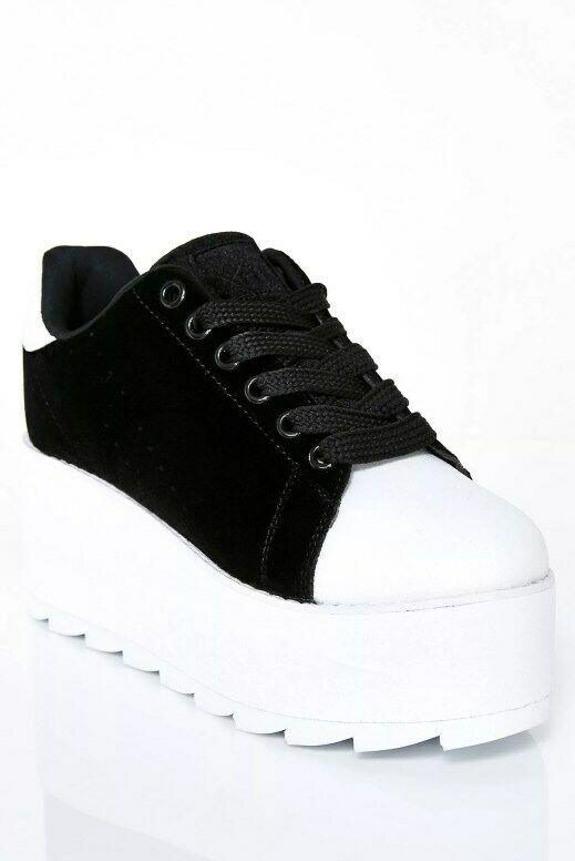 Y.R.U. Lala Velvet Platform Black White Sneakers Size EUR 37 US 6 - SVNYFancy