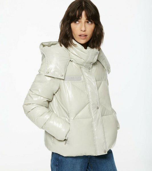 Andrew Marc New York Water Resistant Puffer Hooded Jacket Light Gray Size S - SVNYFancy