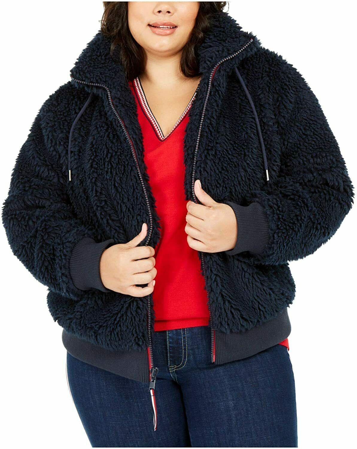 Tommy Hilfiger Women's Navy Fuzzy Zip Up Logo Hoodie Jacket Plus Size 0X - SVNYFancy