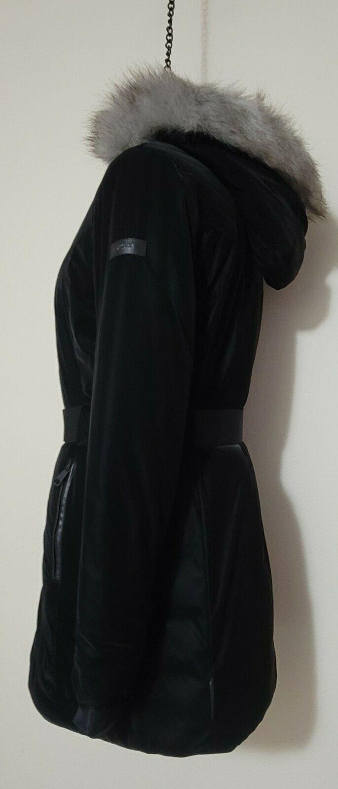 DKNY Women's Liquid Velvet  Hooded  Belted Puffer Black Coat  S - SVNYFancy