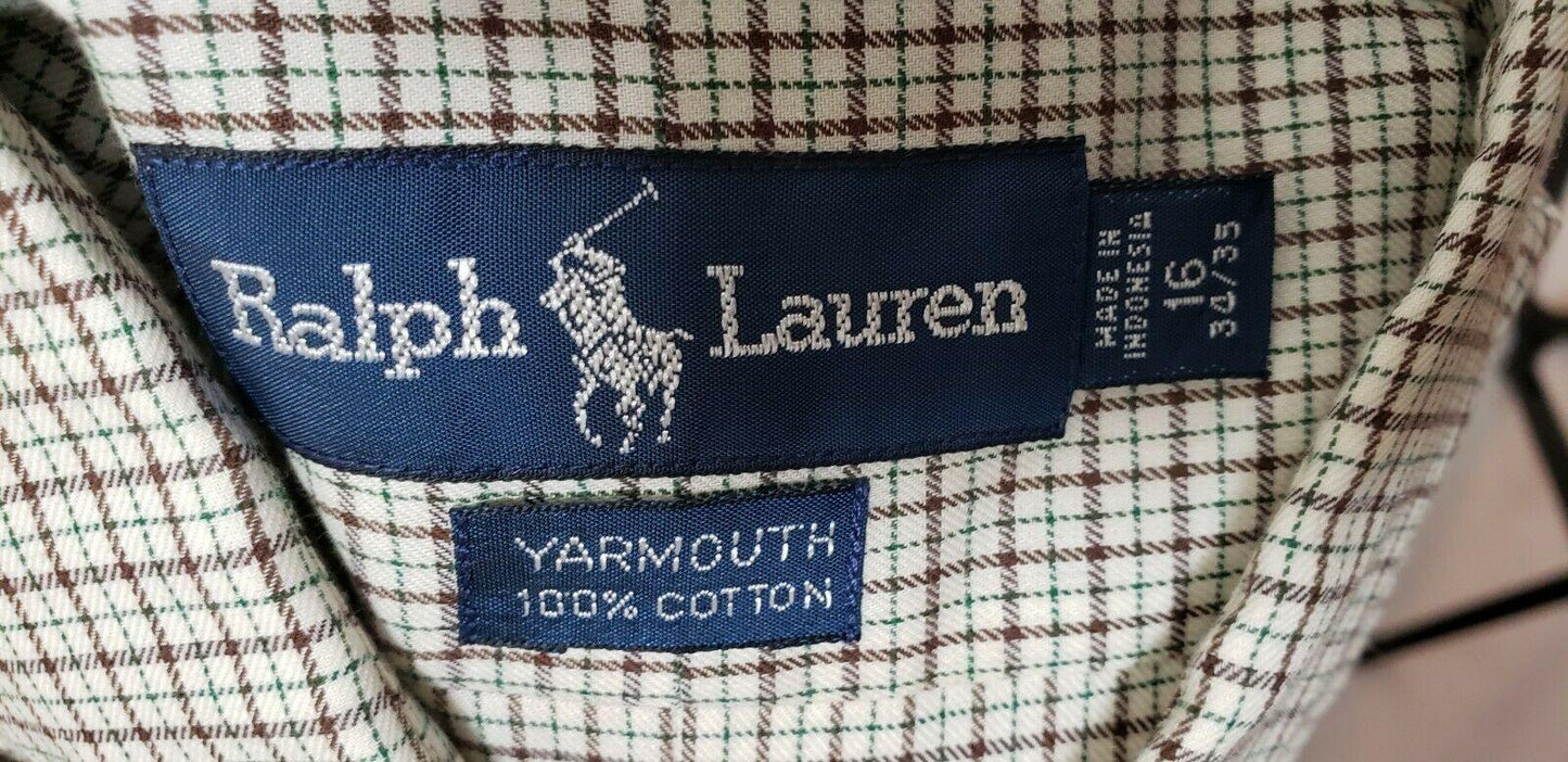 Ralph Lauren Mens Dress Shirt Yarmouth White Green Brown Plaid Size 16 34/35 - SVNYFancy