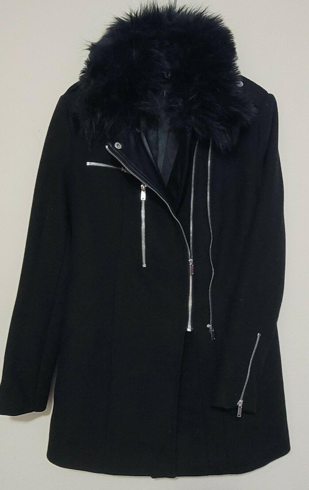DEX Women's Black Asymmetrical-zip Wool Coat Detachable Faux Fur Collar Size S - SVNYFancy