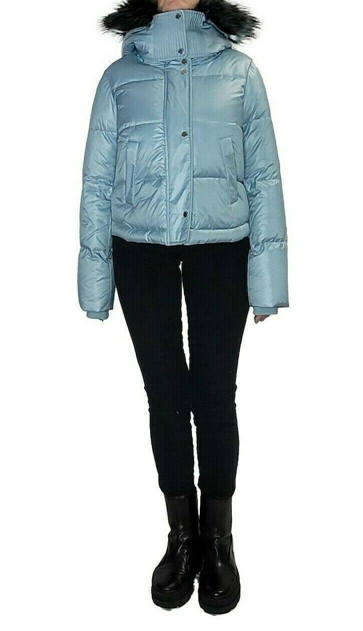 Andrew Marc Womens Blue Faux Fur Trim Hooded Down Puffer Jacket Size S - SVNYFancy