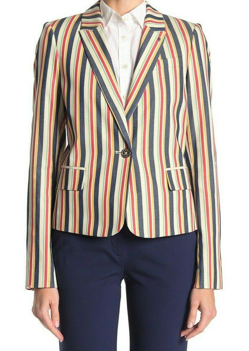 Tommy Hilfiger Womens Stripe Blue Green White Yellow Red Blazer Jacket Size 6 - SVNYFancy