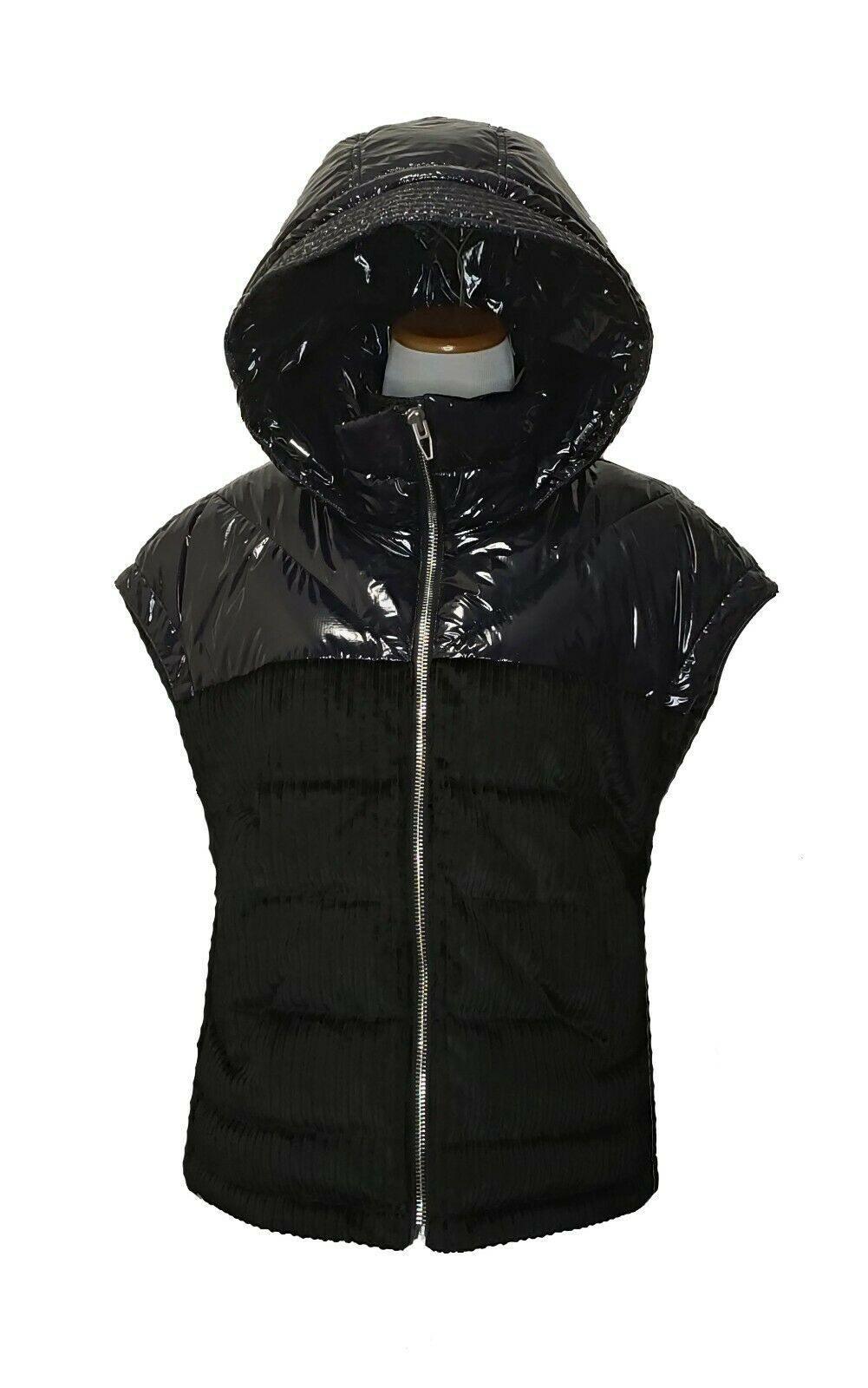 Andrew Marc Womens Black Corduroy Lacquer Down Jacket Vest Puffer With Hood Size S - SVNYFancy