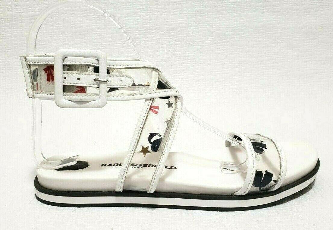 NEW RARE UNIQUE KARL LAGERFELD Leather and PVC print White Flats Sandals Size 6 - SVNYFancy