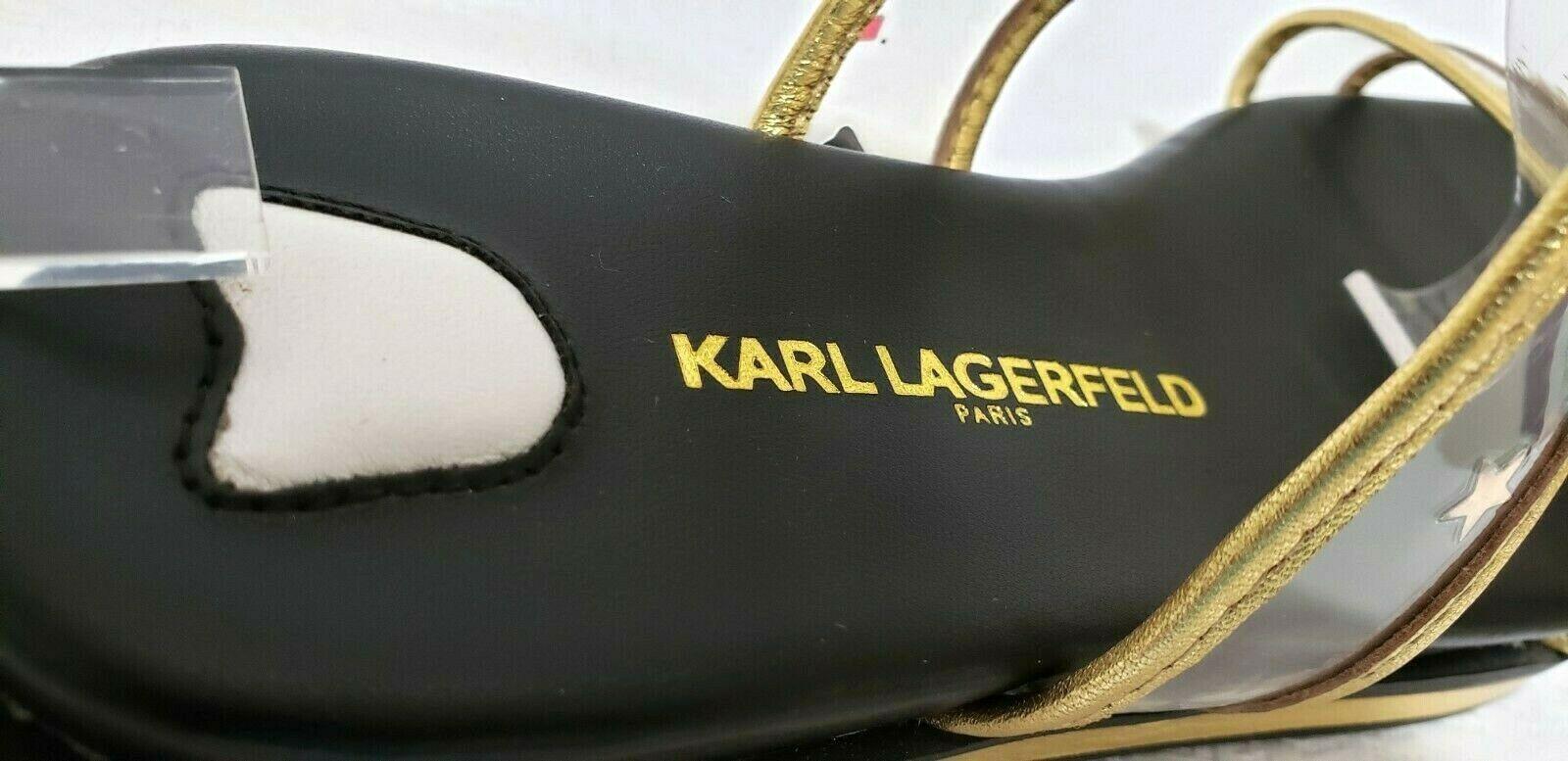 NEW RARE UNIQUE KARL LAGERFELD Leather and PVC print Gold Flats Sandals Size 6 - SVNYFancy