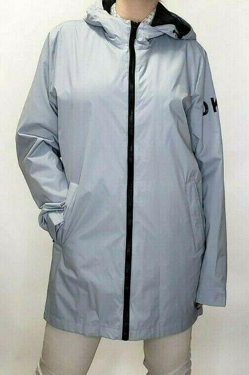 DKNY Womens Gray Raincoat Jacket Hooded Logo Windbreaker Size M - SVNYFancy