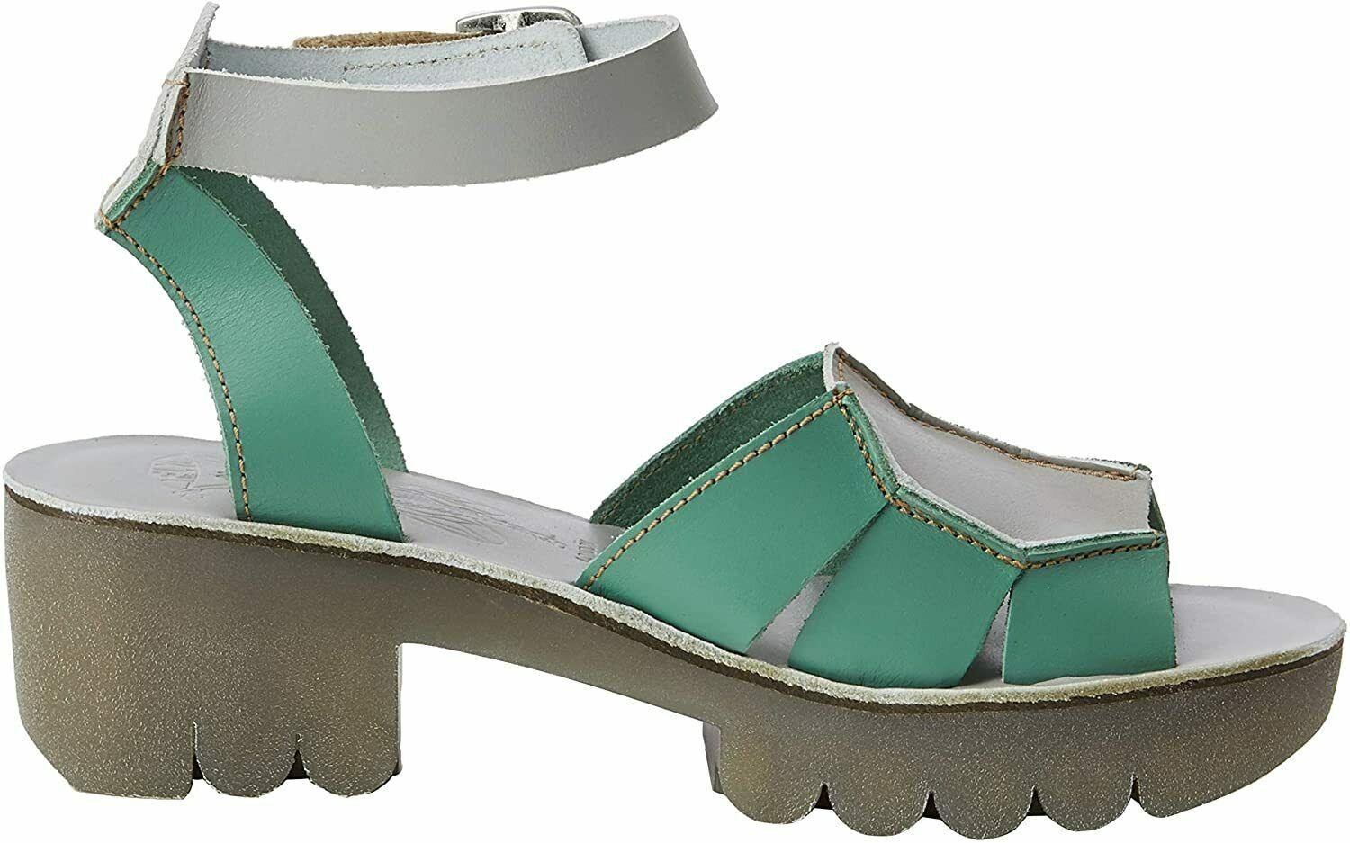 FLY London Women's Ankle Strap Platform Lether Sandals Green Gray Size EU 35 - SVNYFancy