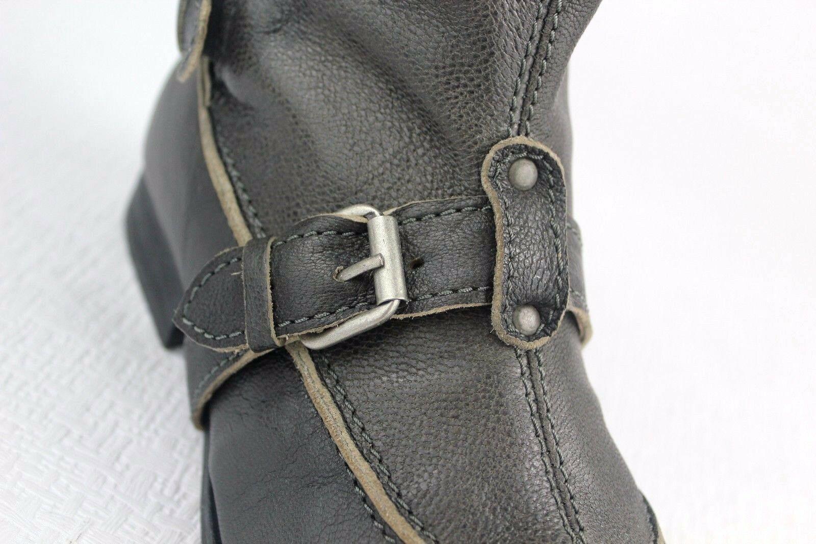 J. Litvack Grey Tall Leather Buckled Laced Riding Flat Moto Boots Size 38 - SVNYFancy