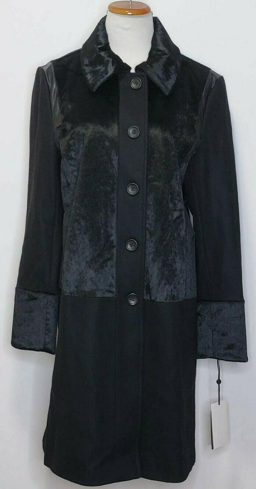 DKNY Women’s Black Faux-Fur Walker Wool Blend Coat Size 10 - SVNYFancy