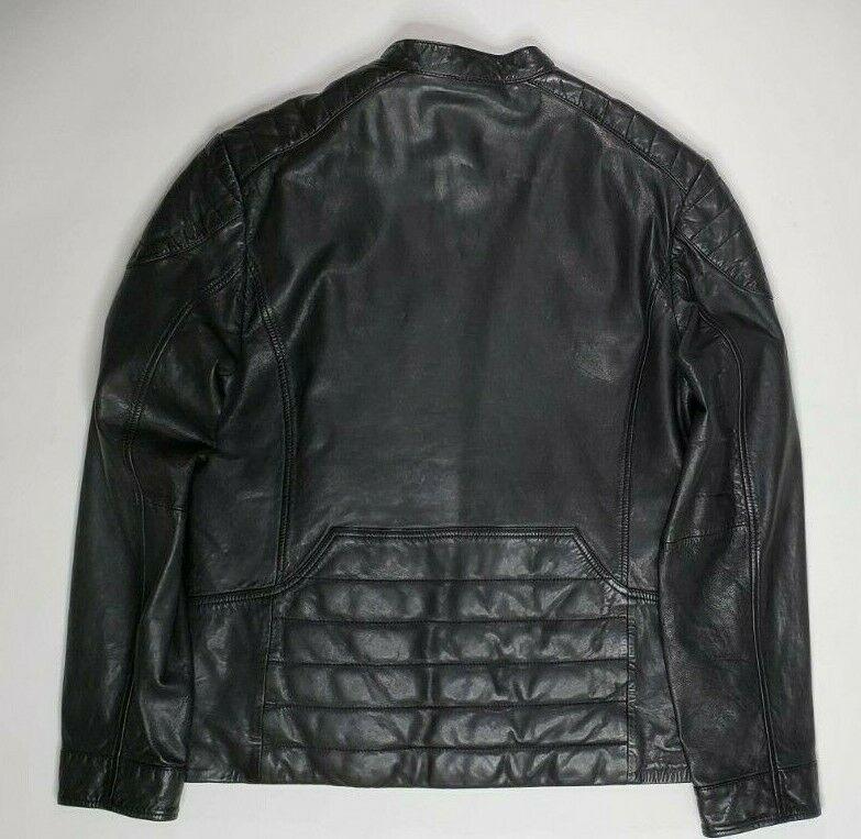 Portfolio Perry Ellis Mens Lambskin Classic Warm Black Leather Biker Moto Jacket - SVNYFancy