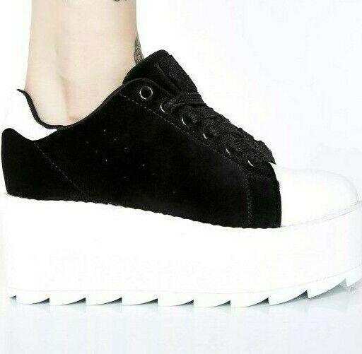 Y.R.U. Lala Velvet Platform Black White Sneakers Size EUR 37 US 6 - SVNYFancy